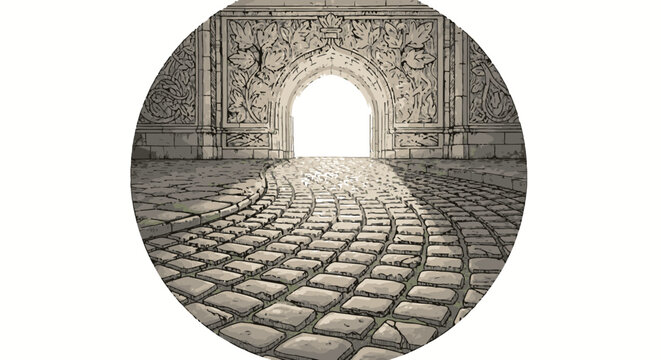 A beautifully illuminated cobblestone path leads towards a grand, intricately carved archway, symbolizing new beginnings, hope, and an unknown future journey.