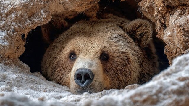 Close up of a brown bear resting in a den natural habitat generative ai