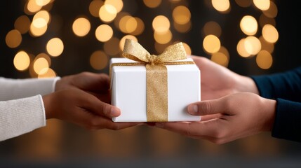giving back campaign, festive, Spreading Holiday Cheer: Volunteer Hands Passing Present with Warm Festive Glow and Copy Space