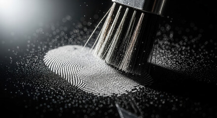 Expert forensic brush reveals detailed fingerprint evidence dusted with fine powder under dramatic lighting