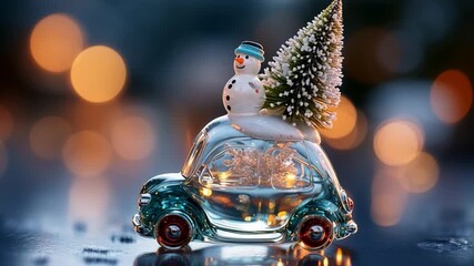 A whimsical and enchanting festive scene featuring a charming glass car adorned with a cheerful snowman and a fluffy white Christmas tree, surrounded by soft bokeh lights and a joyful holiday - Powered by Adobe