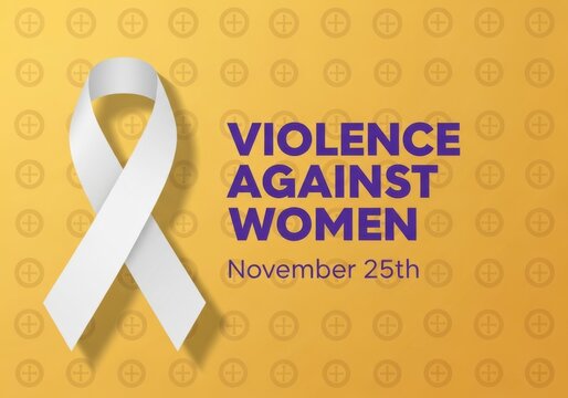 November 25th, violence against women awareness graphic with a white ribbon and purple text on a yellow background with circular pattern