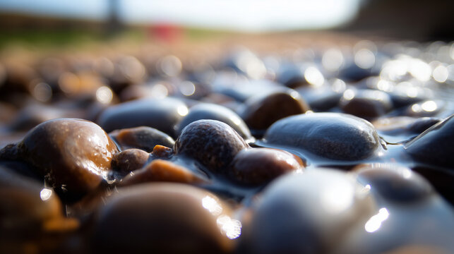 shallow. Smooth water-worn pebbles on a shallow stream bed with clear water flowing over them. travel magazines, destination branding, designed for travel destination branding.