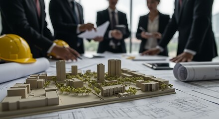 Professional Team Collaborating on Architectural Building Project Blueprints and Scale Model