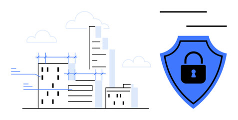 Modern cityscape with structured buildings alongside a shield with a padlock, symbolizing security. Ideal for cybersecurity, urban safety, technology, data privacy, network protection, futuristic