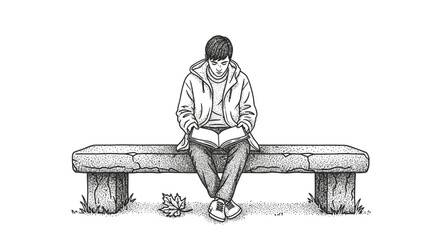 A serene monochrome illustration captures a young person deeply engrossed in reading an open book while sitting peacefully on a rustic stone bench.