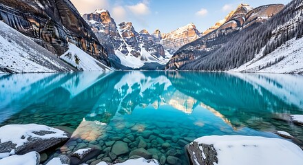 Stunning turquoise lake reflects snow covered rocky mountains under a cloudy sky