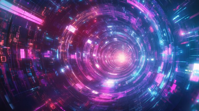 Futuristic vortex tunnel generating abstract digital light data