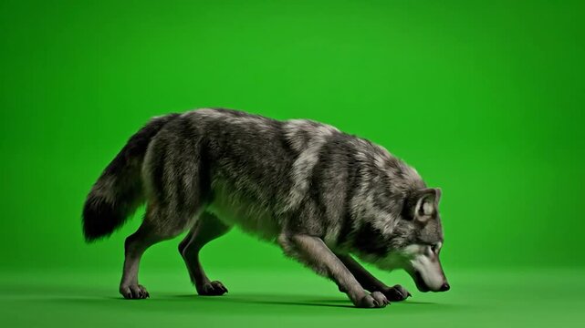 A gray wolf on a green background, looking down, paws extended and body angled