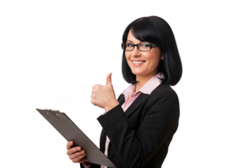 Smiling businesswoman with clipboard giving thumbs up, approval gesture, isolated portrait on transparent background