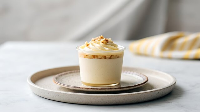 Creamy Banana Pudding Dessert in Glass Cup Garnished with Crumble on a Plate