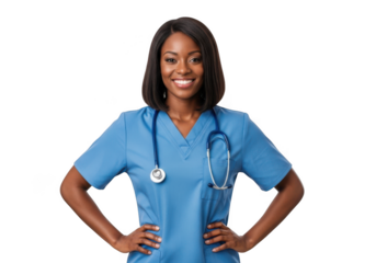 Stock photo of smiling african american nurse in blue scrubs with stethoscope, healthcare professional, isolated on transparent background