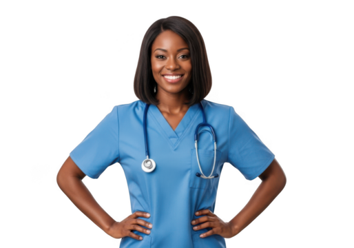 Stock photo of smiling african american nurse in blue scrubs with stethoscope, healthcare professional, isolated on transparent background - Powered by Adobe