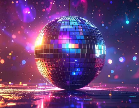 Dazzling reflective sphere suspended amid shimmering lights and vibrant colors