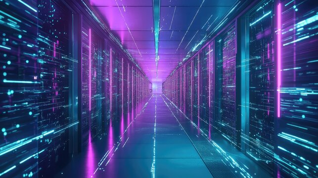 Server racks in data center with digital data flow