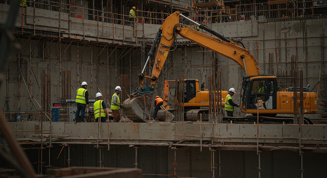 Construction workers with hard hats and vests, preparing for the next phase of a project, highlighting safety.Concept of construction safety and teamwork.