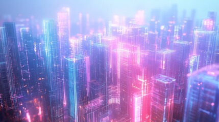 Futuristic digital cityscape with glowing neon lights creating a metaverse concept