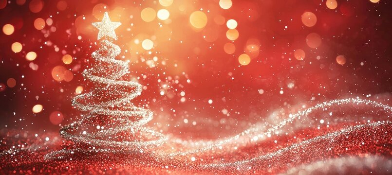 Sparkling Christmas tree made of glowing white glitter swirls on a bright red festive background with bokeh lights and falling snow, creating a warm holiday atmosphere, idea for seasonal designs