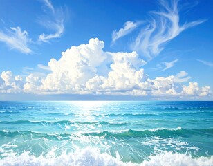 A vibrant painting displays a bright blue sky filled with fluffy white clouds, overlooking a turquoise ocean with crashing waves