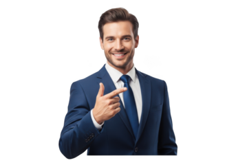 Professional businessman pointing with confidence, corporate portrait, stock photo, business attire, isolated on transparent background