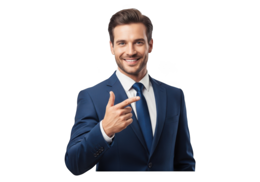Professional businessman pointing with confidence, corporate portrait, stock photo, business attire, isolated on transparent background
