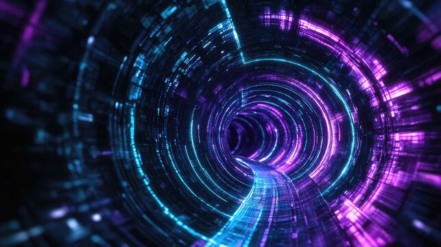 Navigating digital data tunnel with neon light speed