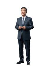 Full body shot of senior asian businessman in suit standing and holding pen stock photo, corporate professional image, isolated on transparent background