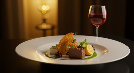 Gourmet Food Dish with Wine Glass