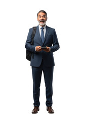 Excited businessman in suit holding smartphone looking upwards full shot portrait isolated on transparent background