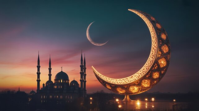 Golden crescent moons above silhouetted mosque at dusk