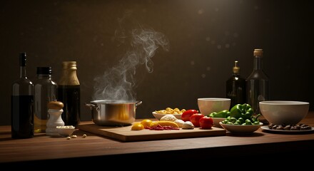 Cooking Scene with Ingredients and Steam