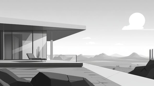 Modern minimalist house overlooking desert landscape at sunset