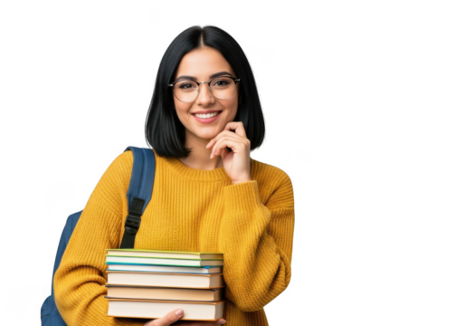 Young woman with books and backpack isolated on transparent background