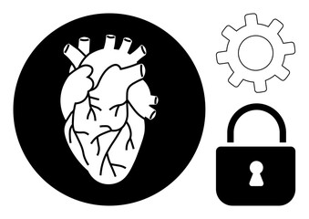 Anatomical human heart silhouette with gear and lock elements representing security, functionality, and connection. Ideal for health, technology, innovation, safety, privacy, trust control concepts