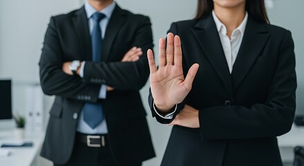 Business Professionals Clearly Demonstrating Stop and Halt with Assertive Gestures