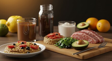 Food Spread with Avocado, Meat, and Citrus