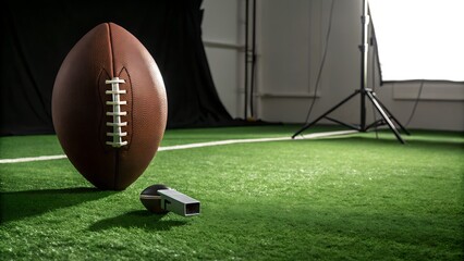 American Football on Green Field with Whistle and Studio Lighting