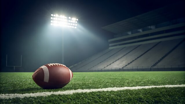 American Football Rests On Green Field Under Stadium Lights At Night - Powered by Adobe