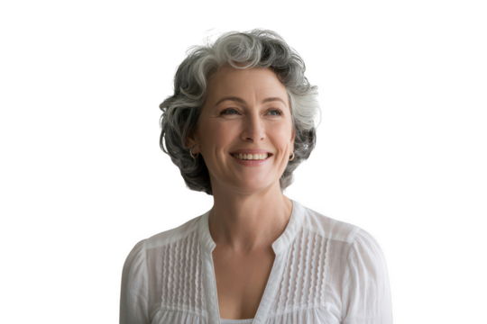 Smiling mature woman with gray curly hair isolated on transparent background
