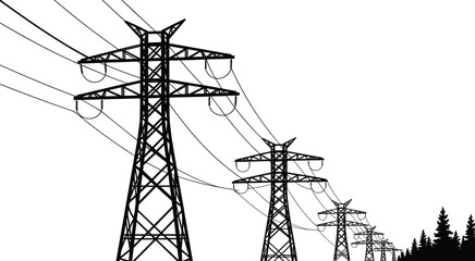 Electricity transmission towers, power lines, rural energy infrastructure, forest background, blue gradient vector, utility pylons, high voltage, stylized landscape, energy supply, grid network