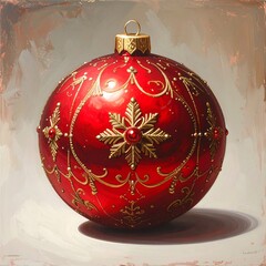 A vibrant, red Christmas ornament, adorned with golden filigree and snowflake details, hangs against a textured backdrop