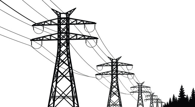 Electricity transmission towers, power lines, rural energy infrastructure, forest background, blue gradient vector, utility pylons, high voltage, stylized landscape, energy supply, grid network