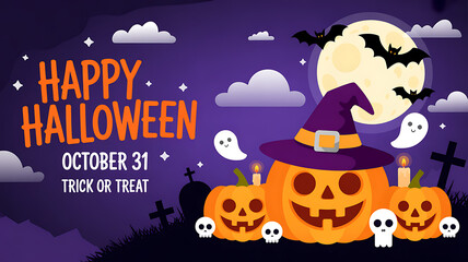 Happy Halloween Greeting with Pumpkins Bats Ghosts and Moon october 31 trick or treat