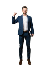 Successful businessman celebrating achievement holding book in formal suit full body portrait isolated on transparent background