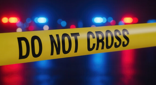 Intense scene with bright police lights and yellow caution tape reading 'Do Not Cross' - perfect for true crime documentaries or suspenseful storytelling
