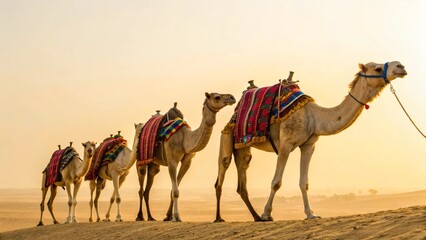 Fototapeta premium Caravan Of Camels With Colorful Saddle Blankets Traveling Across Desert Dunes During Golden Hour