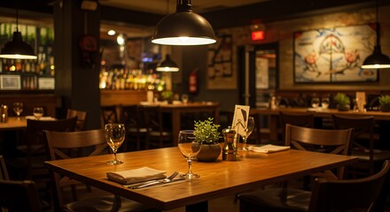 Restaurant Table Setting with Glasses, Plant, and Lights
