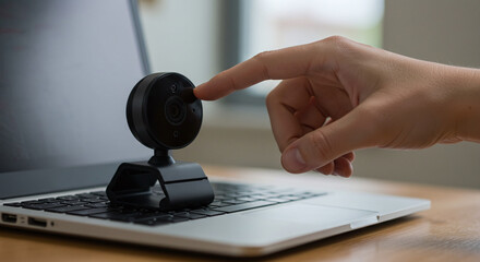 Person adjusting a modern, external webcam on top of a laptop screen for a video call or online meeting.Concept of remote communication and video technology.