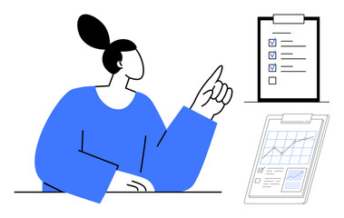 Woman gestures toward checklist and chart on clipboards, representing productivity, analysis, and organization. Ideal for planning, project management, education, reporting, teamwork business