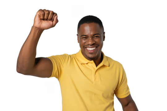 Man in yellow polo shirt raising fist isolated on transparent background - Powered by Adobe